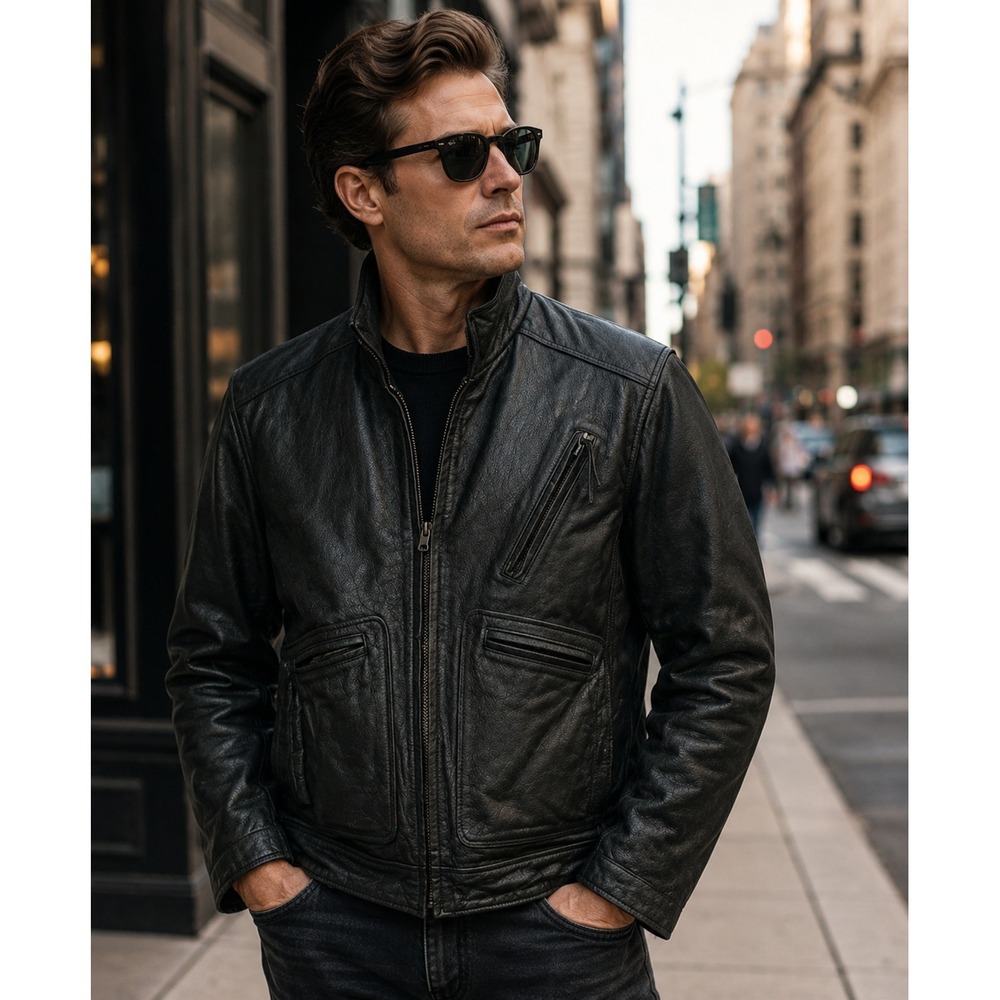 FMC Mens Black Leather Cafe Racer Motorcycle Jacket Thinsulate Insulated Small